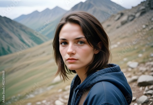 Portrait of a young beautiful charming woman on a mountain. hiker, hiking. © Gia