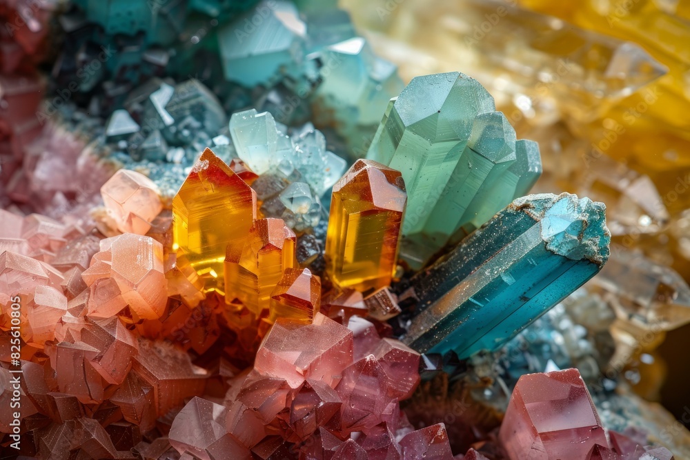 Closeup of colorful beryl crystals showing their natural hexagonal structure and beauty Closeup of colorful beryl crystals showing their natural hexagonal structure and beauty