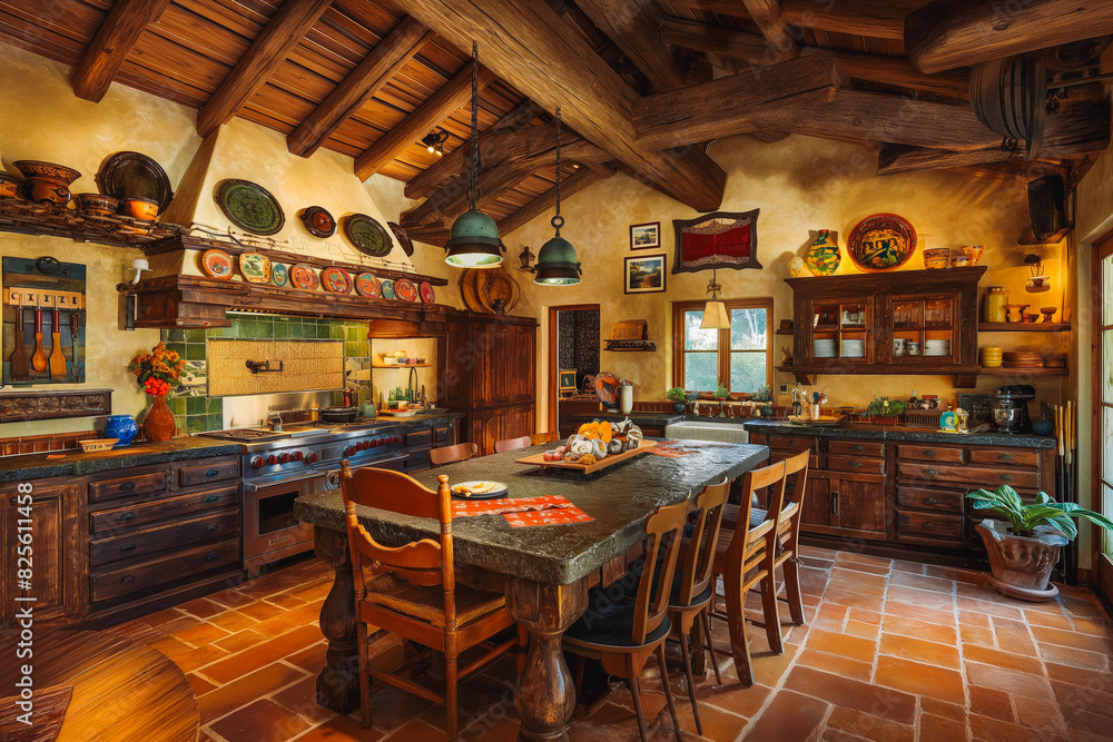 A rustic farmhouse kitchen with exposed wooden beams and vintage decor, evoking a cozy and nostalgic feel. A rustic farmhouse kitchen with exposed wooden beams and vintage decor, evoking a cozy and nostalgic feel.