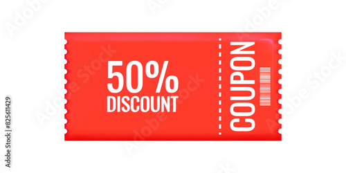 Discount coupon voucher in 3d style sale. Gift coupon. 50 percent discount with barcode. Online store design promotion marketing. Isolated element. Vector illustration.