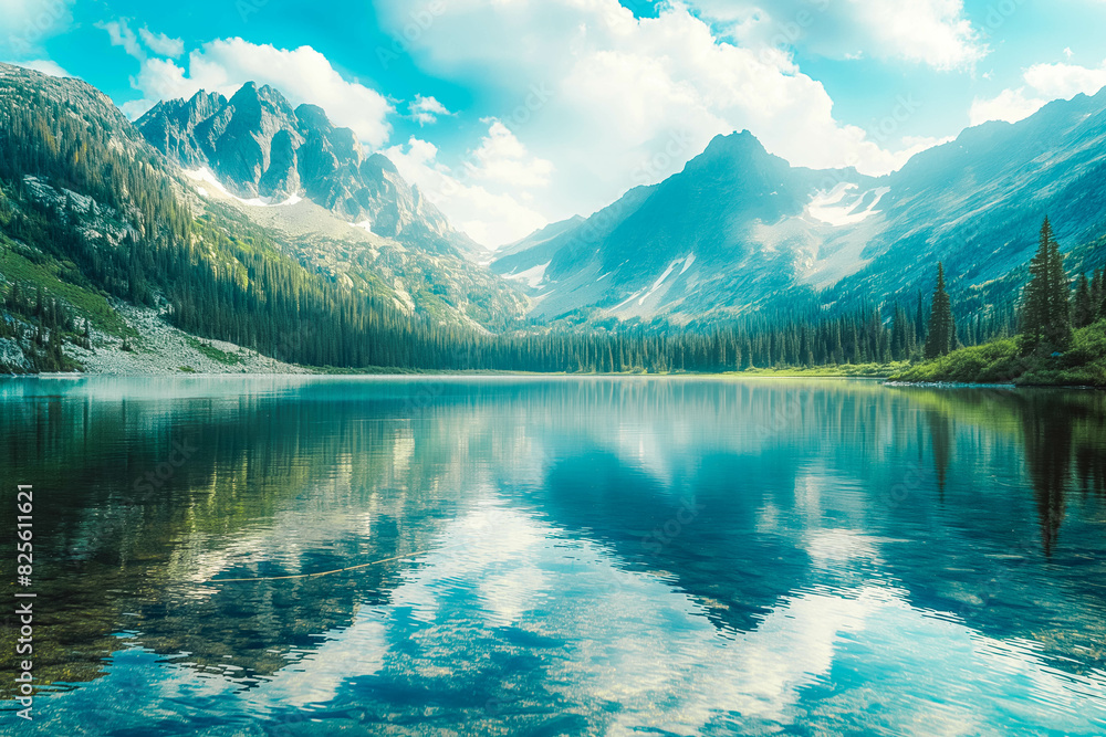 A serene mountain lake framed by towering peaks and reflected in the glassy surface of the water, offering a sense of tranquility and escape.