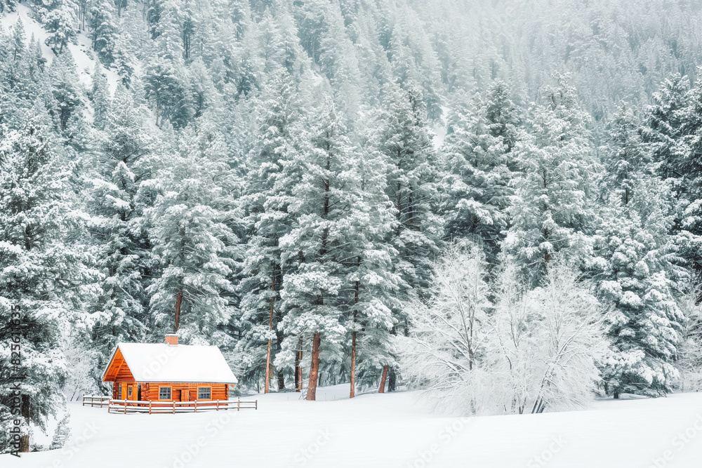 A snowy winter scene with evergreen trees dusted with snow and a cozy cabin nestled in the forest, evoking a feeling of warmth and comfort. A snowy winter scene with evergreen trees dusted with snow and a cozy cabin nestled in the forest, evoking a feeling of warmth and comfort.
