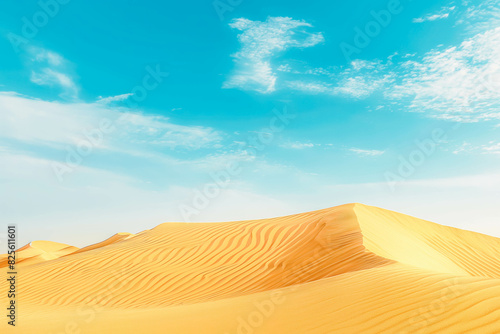 A serene desert landscape with sand dunes stretching to the horizon and a clear blue sky overhead.