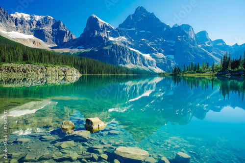 A serene mountain lake framed by towering peaks and reflected in the glassy surface of the water  offering a sense of tranquility and escape.