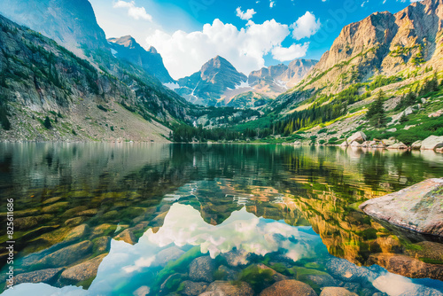 A serene mountain lake framed by towering peaks and reflected in the glassy surface of the water  offering a sense of tranquility and escape.
