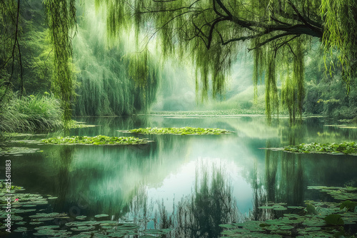 A tranquil pond surrounded by weeping willows and reflected in the still water, offering a sense of peace and tranquility.