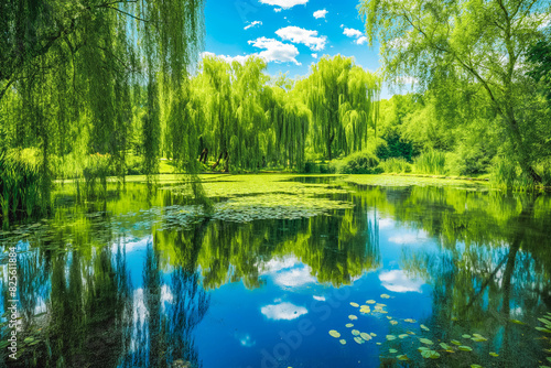 A tranquil pond surrounded by weeping willows and reflected in the still water  offering a sense of peace and tranquility.