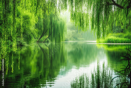 A tranquil pond surrounded by weeping willows and reflected in the still water, offering a sense of peace and tranquility.