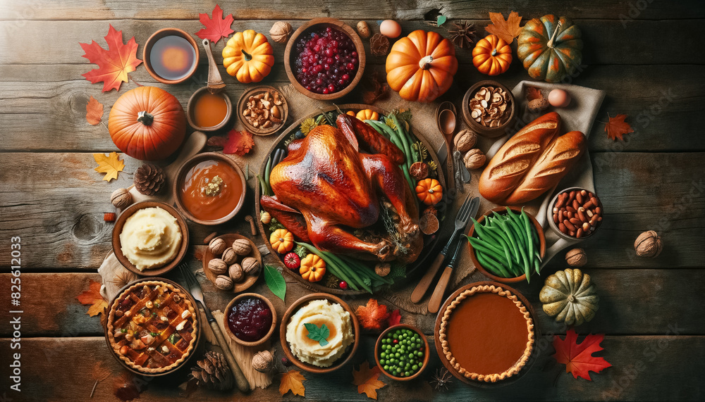 Thanksgiving Feast Flat Lay on Rustic Table