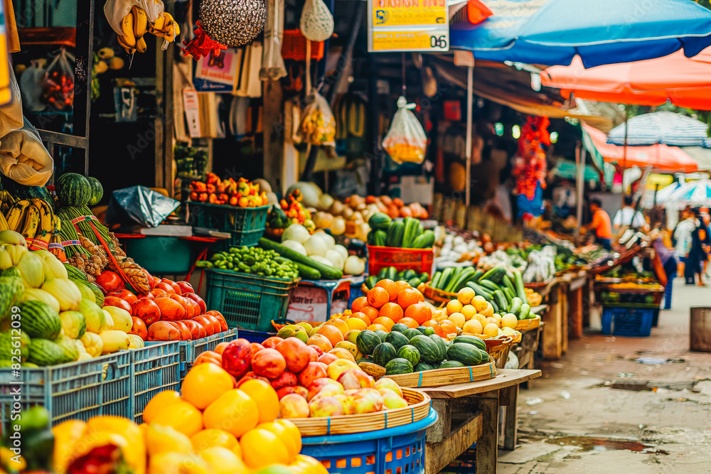 Fototapeta premium A vibrant street market bustling with activity, with stalls overflowing with fresh produce, textiles, and handmade goods.