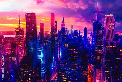 A vibrant cityscape at dusk  with skyscrapers illuminated by colorful lights against the twilight sky.