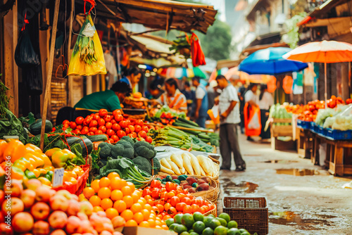 A vibrant street market bustling with activity, with stalls overflowing with fresh produce, textiles, and handmade goods.