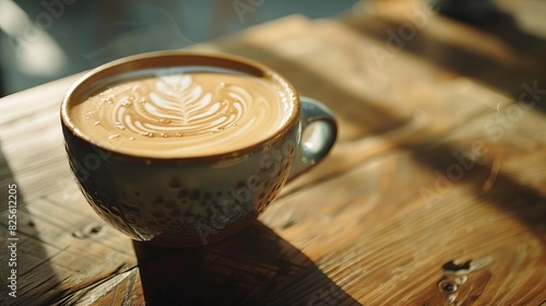 Coffee latte art with a rosetta pattern, served in a stylish ceramic cup, sunlight streaming through the window, rustic wooden table, highdefinition barista craftsmanship, Close up photo