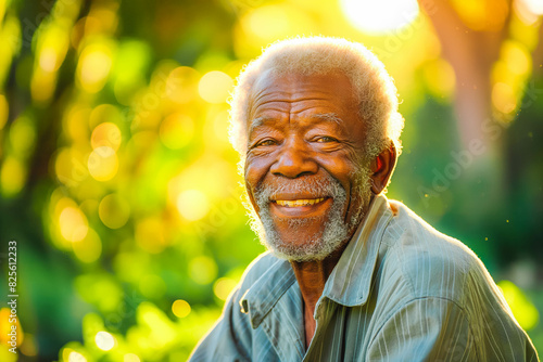 An elderly Afro-American man enjoying a morning walk in a bright, sunlit park, his smile radiant against the backdrop of vibrant greenery. © VisualProduction