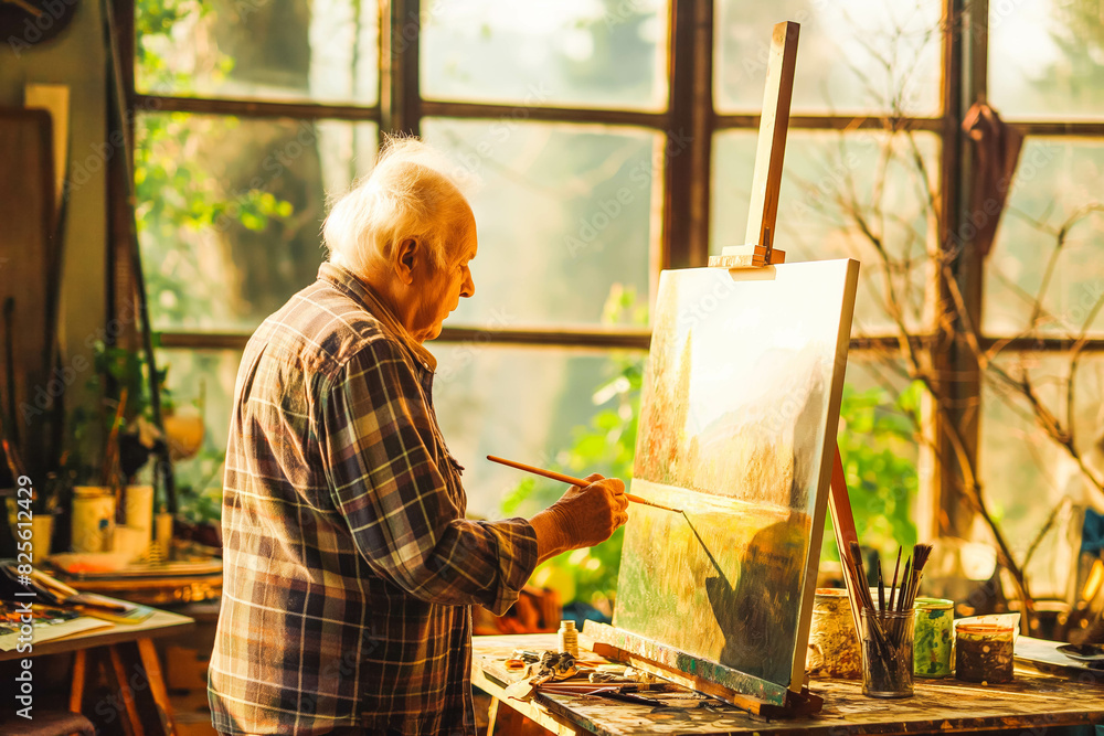 An older man painting in a sunlit studio, his brushstrokes capturing the beauty of the landscape outside. An older man painting in a sunlit studio, his brushstrokes capturing the beauty of the landscape outside.