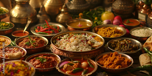 variety of Indian dishes are arranged on a wooden platter, including bowls of rice, potatoes, and meat, as well as various sauces and side dishes 8k wallpaper