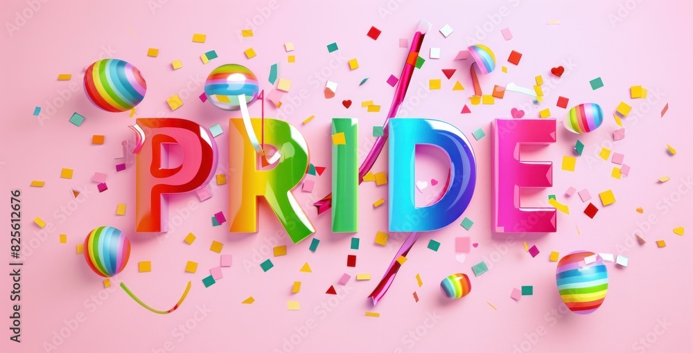Colorful Pride Celebration with Balloons, Confetti, and 3D Word on Pink Background Joyful Event Concept Illustration Colorful Pride Celebration with Balloons, Confetti, and 3D Word on Pink Background Joyful Event Concept Illustration