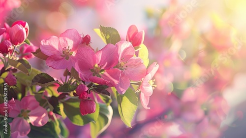 Blooming pink apple tree flowers on a spring background with beautiful sunlight Abstract orchard backdrop with space for text featuring bold colors on a sunny Easter day