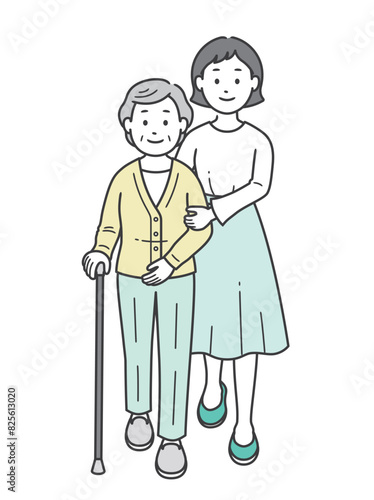 杖をついた高齢女性を介助する女性の全身イラスト