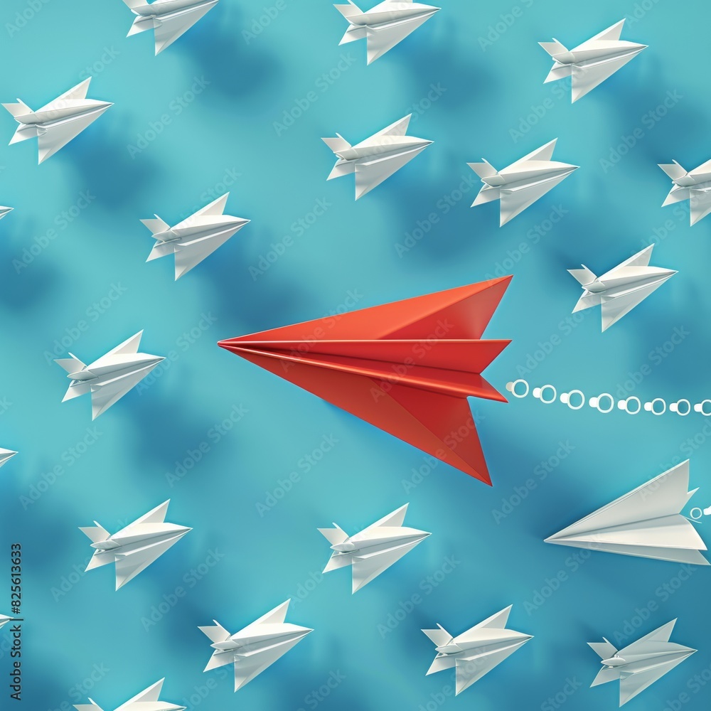 Red paper plane and many white paper planes fly on blue sky and white