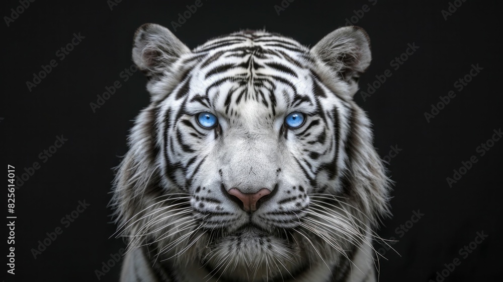 Majestic White Tiger Portrait with Blue Eyes on Mysterious Black Background in Wildlife and Nature Photography Artistic Concept
