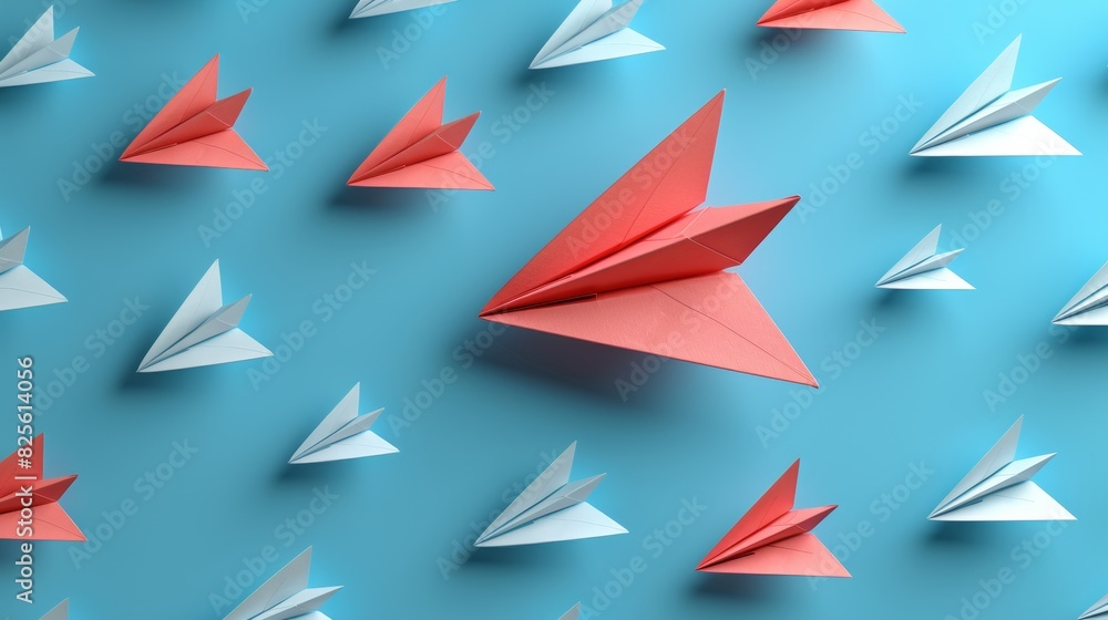 Fototapeta premium Red paper plane and many white paper planes fly on blue sky and white clouds. Concept of freedom and leadership in paper plane symbol.