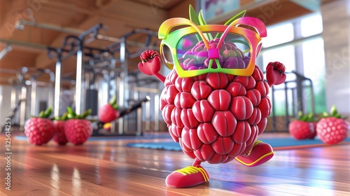 A 3D-rendered raspberry character wearing colorful glasses, engaging in Zumba dance in a gym, combining fun, fitness, and fruity freshness.