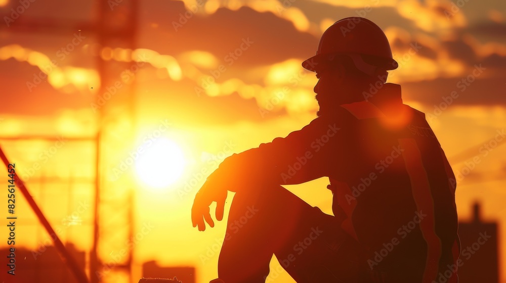 A skyser takes shape in the background as the silhouette of a construction worker takes a break outlined by a breathtaking sunset.