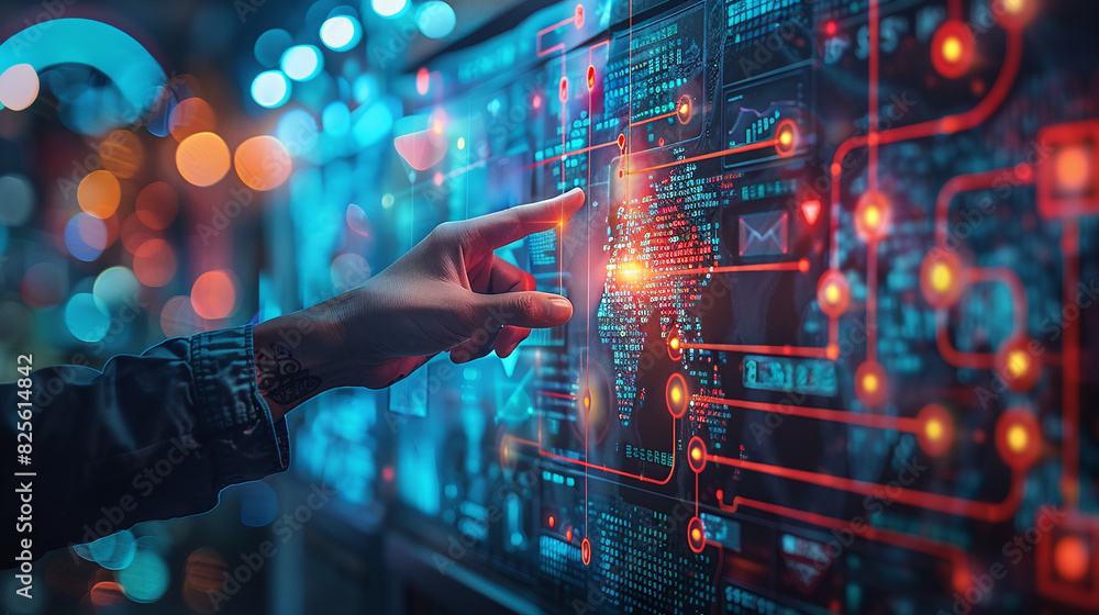 human hand touching digital screen with icons and streams of information, futuristic, ai human hand touching digital screen with icons and streams of information, futuristic, ai