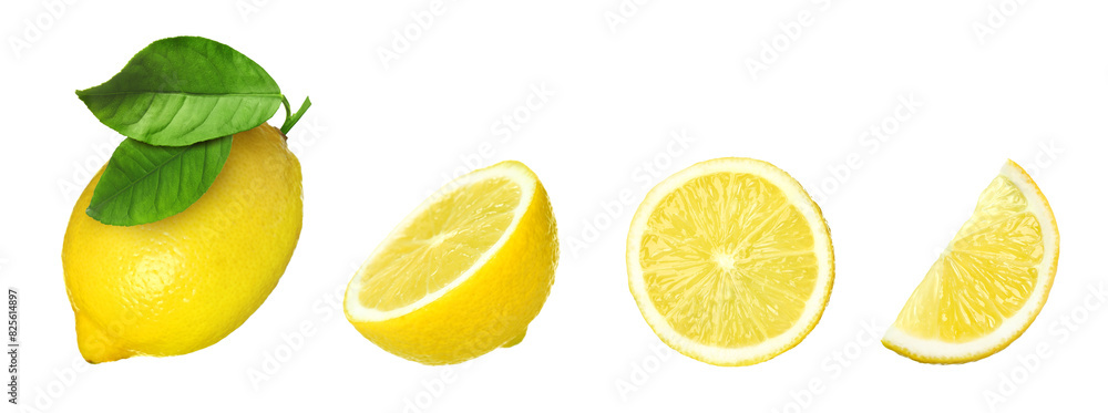 Fresh lemons isolated on white, set. Whole one, half and slices Fresh lemons isolated on white, set. Whole one, half and slices