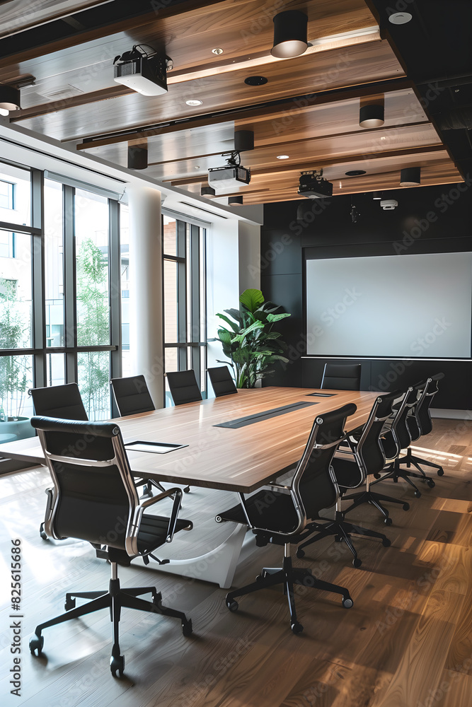 Modern Corporate Boardroom with Large Wooden Table, Technology Integration, and Floor-to-Ceiling Windows
