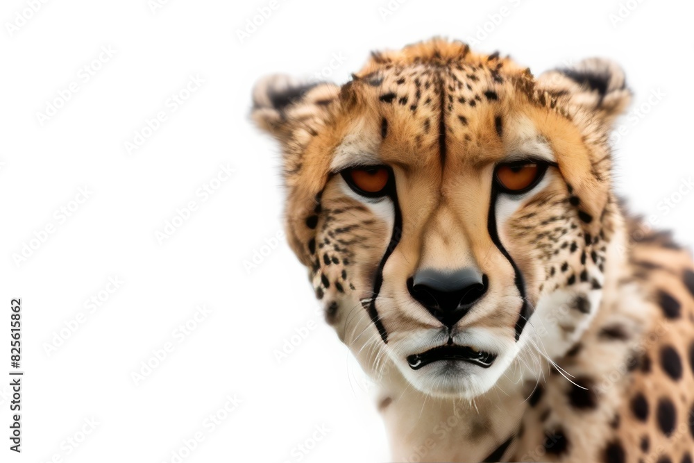 Obraz premium Mystic portrait of African Cheetah in studio, copy space on right side, Anger, Menacing, Headshot, Close-up View Isolated on white background