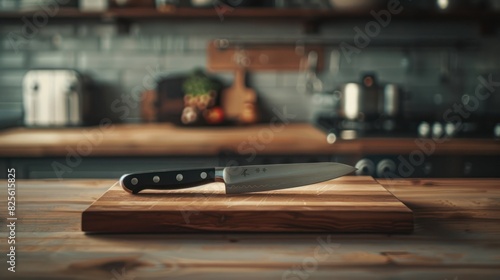 Kitchen knife on a wooden cutting board, on a modern minimalist kitchen table. photo