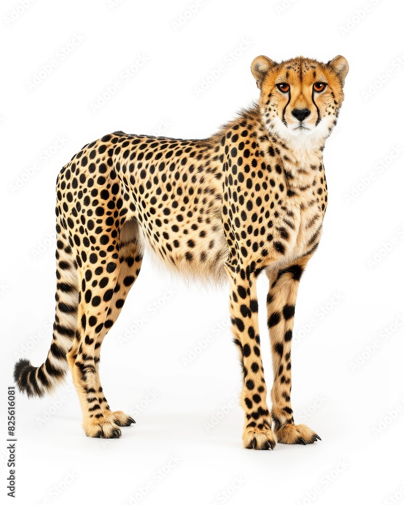 the African Cheetah, portrait view, white copy space on right Isolated on white background the African Cheetah, portrait view, white copy space on right Isolated on white background