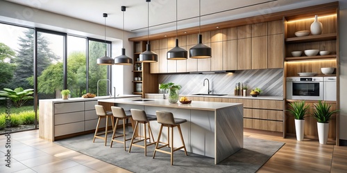 Elegant, geometric kitchen with minimalist design and tidy countertops © wasana