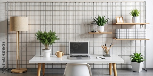 Minimalist office desk with grid pattern accessories