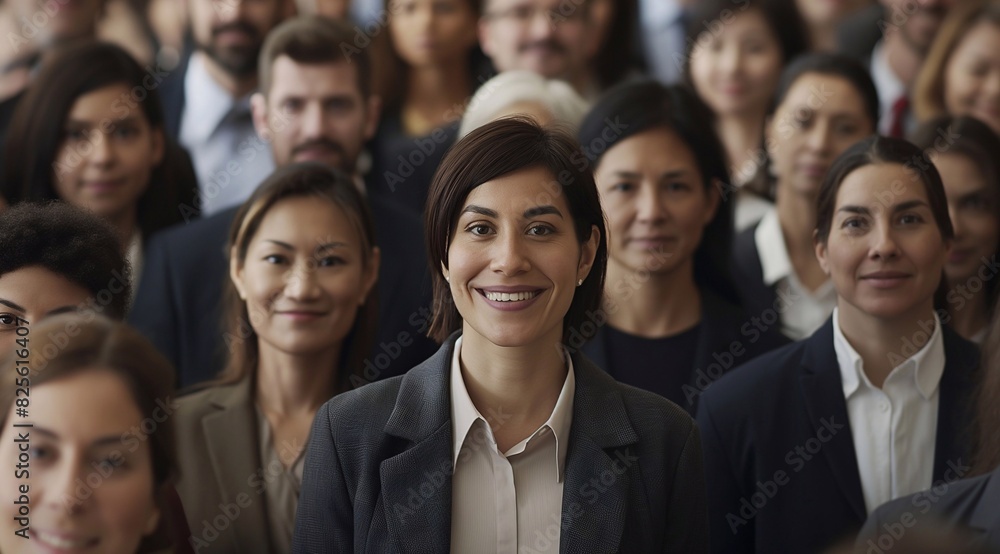 a crowd of business people smiling and looking at the camera in a front view, a group of many diverse businesspeople, a business woman standing out from the rest wearing a suit jacket. generative AI a crowd of business people smiling and looking at the camera in a front view, a group of many diverse businesspeople, a business woman standing out from the rest wearing a suit jacket. generative AI