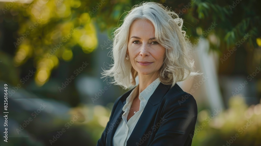 The Portrait Captures A Mature Businesswoman Outdoors, Exuding Professionalism And Confidence In Her Surroundings, High Quality The Portrait Captures A Mature Businesswoman Outdoors, Exuding Professionalism And Confidence In Her Surroundings, High Quality