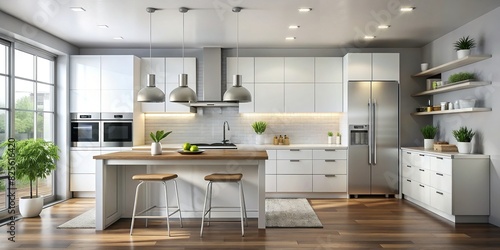 A minimalist kitchen with white cabinets and stainless steel appliances photo