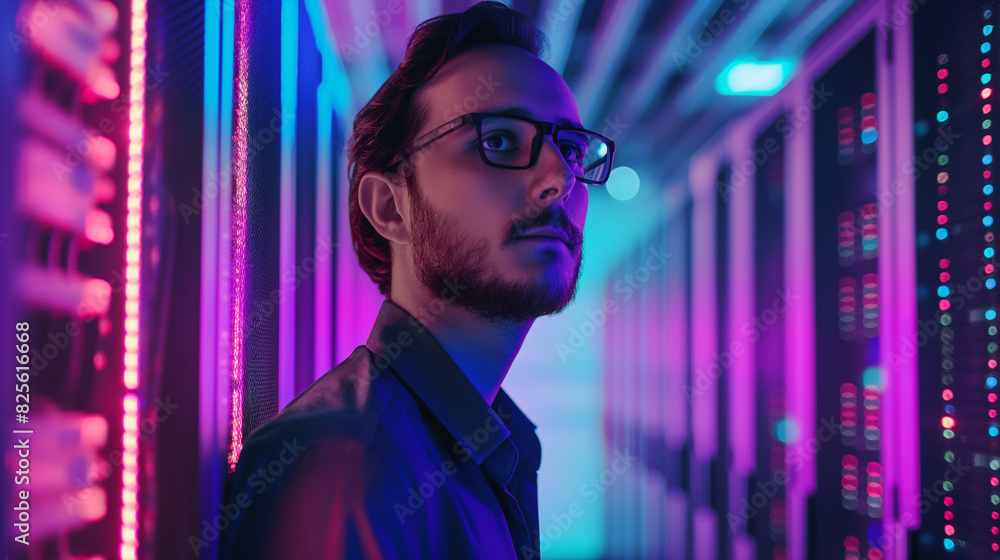 Fototapeta premium portrait of a male IT worker standing in a data server