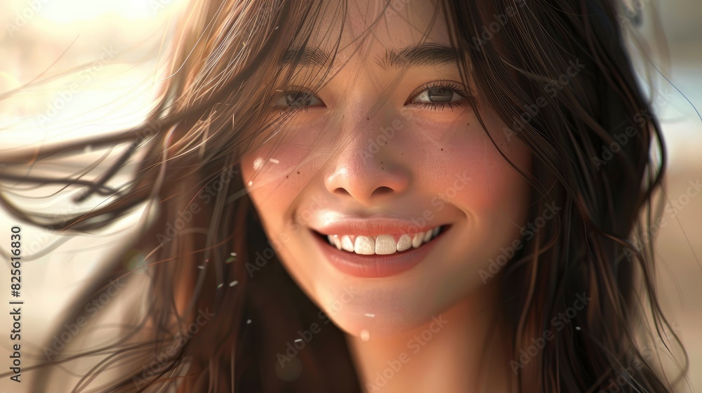 The Portrait Captures A Smiling Young Asian Woman With Long Dark Brown Hair, Exuding Confidence And Grace, High Quality The Portrait Captures A Smiling Young Asian Woman With Long Dark Brown Hair, Exuding Confidence And Grace, High Quality