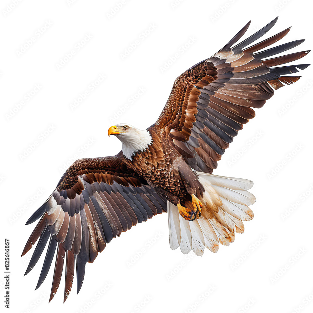 Obraz premium a bald eagle flying through the air with its wings spread, transparent background png