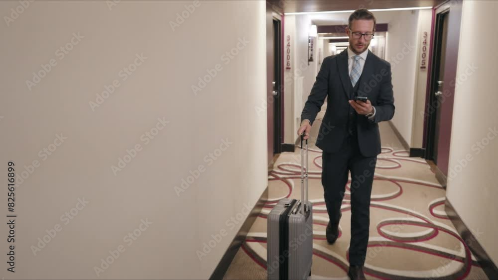 Businessman checks his smartphone while walking out from his room with a suitcase in a hotel corridor, illustrating a life always connected, even during travel. Slow motion. Businessman checks his smartphone while walking out from his room with a suitcase in a hotel corridor, illustrating a life always connected, even during travel. Slow motion.
