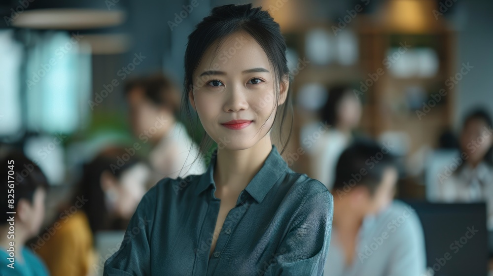 The Portrait Captures A Successful Young Asian Businesswoman At The Office, With Colleagues In The Background, Symbolizing Achievement And Progress, High Quality