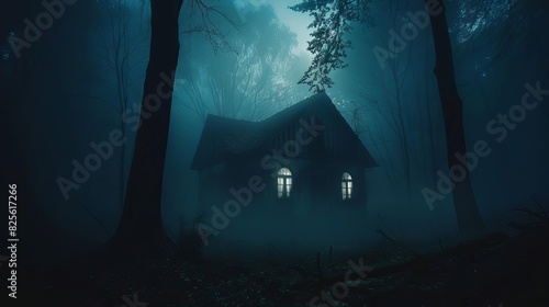 eerie haunted house in misty mysterious forest at night dark horror concept