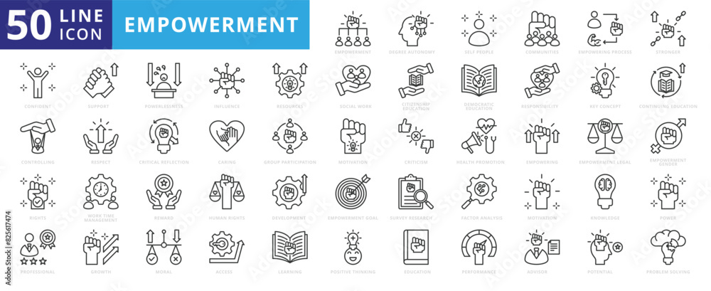 Empowerment icon set with degree autonomy, self people, communities, process, stronger, confident, rights and controlling. Empowerment icon set with degree autonomy, self people, communities, process, stronger, confident, rights and controlling.