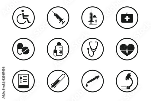 medical and hospital icon set, simple design, available outline, solid, and colored, contains symbols for injection, medicine, microscope, stethoscope, and others, editable vector Eps 10.
