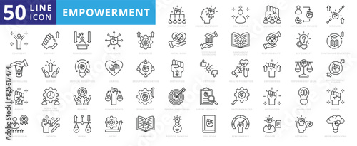Empowerment icon set with degree autonomy, self people, communities, process, stronger, confident, rights and controlling.
