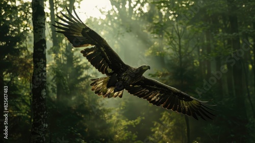 The eagle soars above the woodland