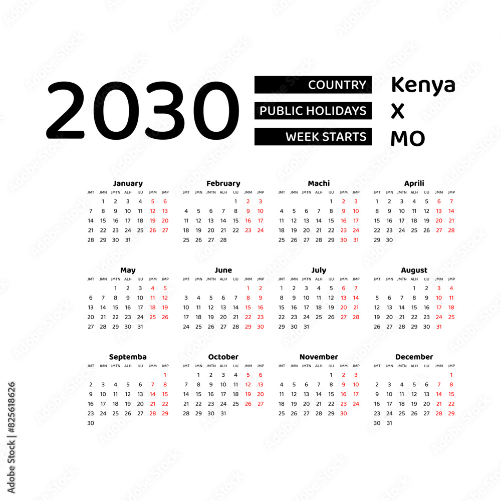 Kenya Calendar 2030. Week starts from Monday. Vector graphic design. Swahili language. Kenya Calendar 2030. Week starts from Monday. Vector graphic design. Swahili language.